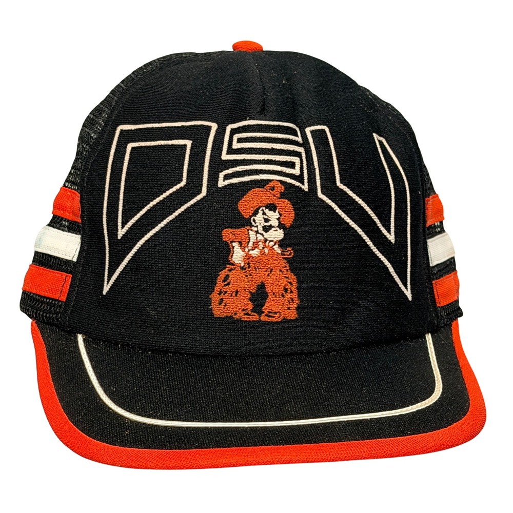 Vintage OSU Oklahoma State Cowboys Trucker Hat Pistol Pete Snapback Black Orange
